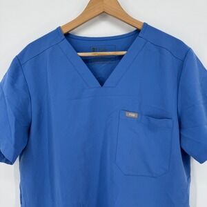 FIGS‎ Medium Men's Scrub Top Blue V-Neck Short Sleeve Medical Uniform Technical